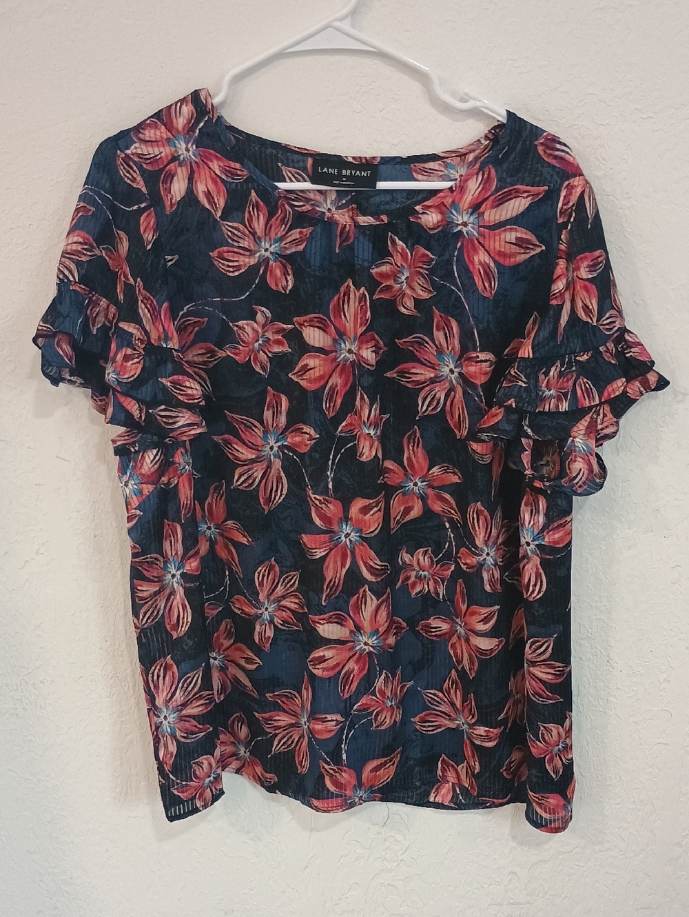 Lane Bryant Navy Top with Red Floral Print and Ruffle Sleeves